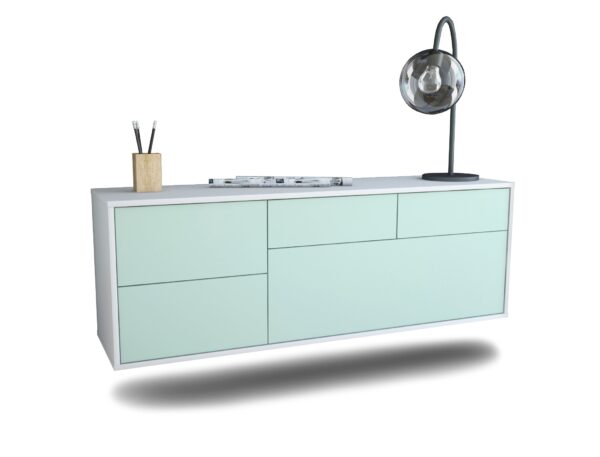 Lowboard - Anna - Design Farbakzent - Wandmontage mit Push to Open 136 cm Weiss - Front T?rkis  Bestellnummer:1010203212