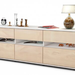 Lowboard - Annalena - Design Holzdekor - Freistehend mit Push to Open 136 cm Weiss - Front Zeder  Bestellnummer:1010203372