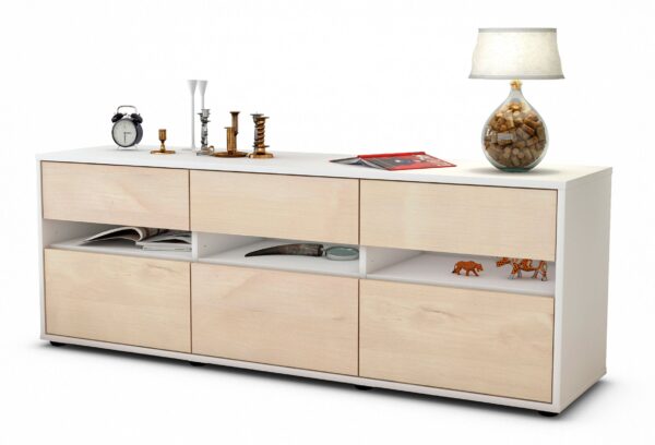 Lowboard - Annalena - Design Holzdekor - Freistehend mit Push to Open 136 cm Weiss - Front Zeder  Bestellnummer:1010203372