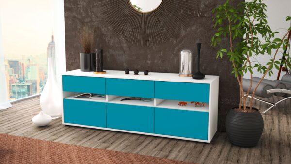 Lowboard - Annalena - Design Farbakzent - Freistehend mit Push to Open 136 cm Weiss - Front Lila  Bestellnummer:1010203381