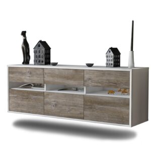 Lowboard - Annalisa - Design Holzdekor - Wandmontage mit Push to Open 136 cm Weiss - Front Treibholz  Bestellnummer:1010203509