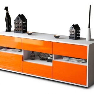 Lowboard - Annamaria - Design Hochglanz - Freistehend mit Push to Open 136 cm Weiss - Front Orange  Bestellnummer:1010203884