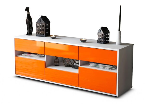 Lowboard - Annamaria - Design Hochglanz - Freistehend mit Push to Open 136 cm Weiss - Front Orange  Bestellnummer:1010203884