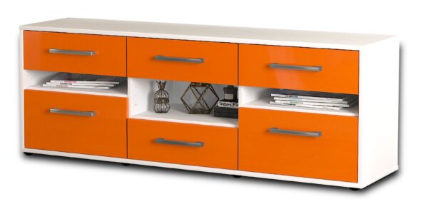 Lowboard - Annamaria - Design Hochglanz - Freistehend mit Griffe 136 cm Weiss - Front Orange  Bestellnummer:1010203901