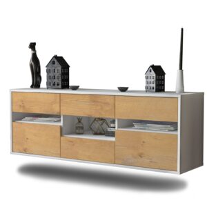 Lowboard - Annamaria - Design Holzdekor - Wandmontage mit Push to Open 136 cm Weiss - Front Eiche  Bestellnummer:1010203913