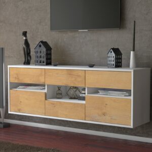 Lowboard - Annamaria - Design Holzdekor - Wandmontage mit Push to Open 136 cm Weiss - Front Pinie  Bestellnummer:1010203915