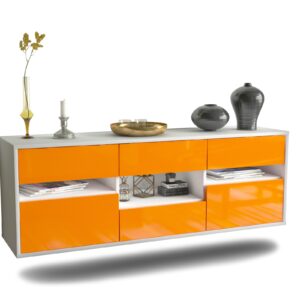 Lowboard - Annamaria - Design Hochglanz - Wandmontage mit Push to Open 136 cm Weiss - Front Orange  Bestellnummer:1010203918