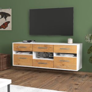 Lowboard - Annamaria - Design Holzdekor - Wandmontage mit Griffe 136 cm Weiss - Front Pinie  Bestellnummer:1010203932