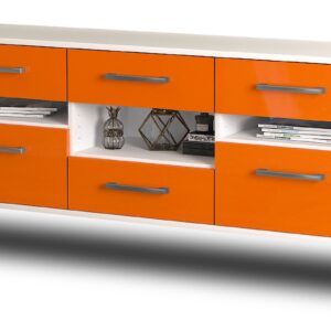 Lowboard - Annamaria - Design Hochglanz - Wandmontage mit Griffe 136 cm Weiss - Front Orange  Bestellnummer:1010203935