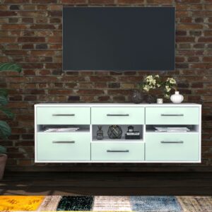 Lowboard - Annamaria - Design Farbakzent - Wandmontage mit Griffe 136 cm Weiss - Front Gelb  Bestellnummer:1010203941