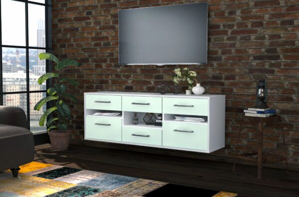 Lowboard - Annamaria - Design Farbakzent - Wandmontage mit Griffe 136 cm Weiss - Front Lila  Bestellnummer:1010203942