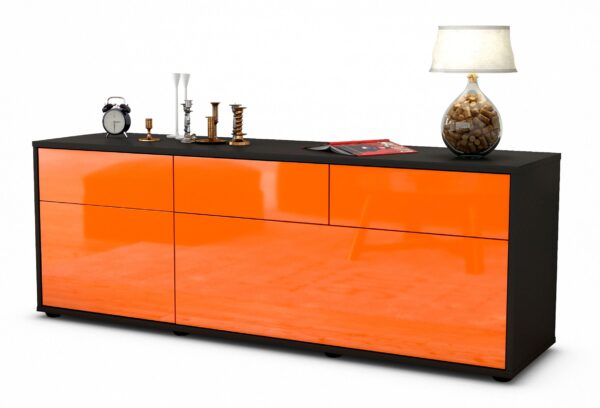 Lowboard - Anjelika - Design Hochglanz - Freistehend mit Push to Open 136 cm Anthrazit - Front Orange  Bestellnummer:2010202966