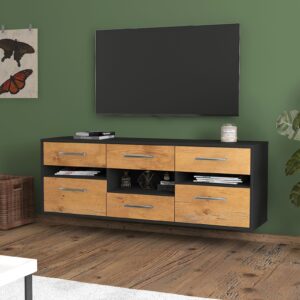 Lowboard - Annamaria - Design Holzdekor - Wandmontage mit Griffe 136 cm Anthrazit - Front Pinie  Bestellnummer:2010203932