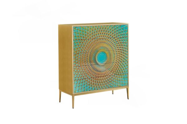 KAWOLA Highboard LAGO 5 Schubladen Glas grün Fuß Edelstahl goldfarben