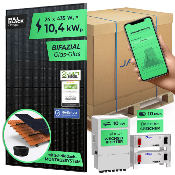 SOLARWAY Solaranlage Komplettset 10 kW (24x bifaziale Panels), Deye SUN-10K-SG04LP3 (10 kW Ausgang) + Deye 10 kWh Speicher inkl. Montagesystem, App & WiFi