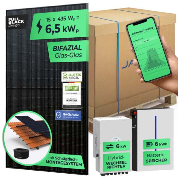 SOLARWAY Solaranlage Komplettset 6 kW (15x bifaziale Panels), Deye SUN-6K-SG04LP3 (6 kW Ausgang) + Deye 10 kWh Speicher inkl. Montagesystem, App & WiFi