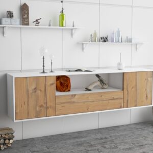 Lowboard - Arbnora - Design Holzdekor - Wandmontage mit Push to Open 180 cm Weiss - Front Eiche  Bestellnummer:1010300241