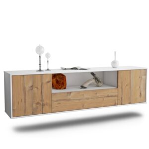 Lowboard - Arbnora - Design Holzdekor - Wandmontage mit Push to Open 180 cm Weiss - Front Pinie  Bestellnummer:1010300243