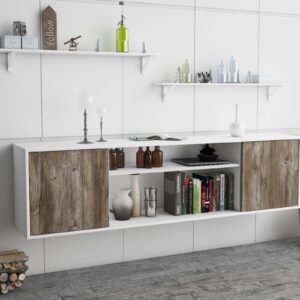 Lowboard - Asia - Design Holzdekor - Wandmontage mit Push to Open 180 cm Weiss - Front Pinie  Bestellnummer:1010301059