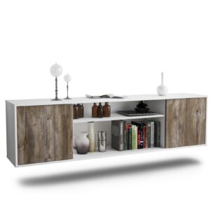 Lowboard - Asia - Design Holzdekor - Wandmontage mit Push to Open 180 cm Weiss - Front Treibholz  Bestellnummer:1010301061