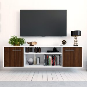 Lowboard - Asia - Design Holzdekor - Wandmontage mit Griffe 180 cm Weiss - Front Eiche  Bestellnummer:1010301074