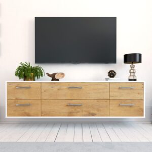 Lowboard - Assunta - Design Holzdekor - Wandmontage mit Griffe 180 cm Weiss - Front Treibholz  Bestellnummer:1010301282