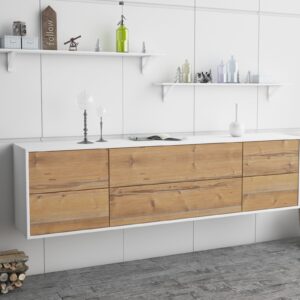 Lowboard - Assunta - Design Holzdekor - Wandmontage mit Push to Open 180 cm Weiss - Front Eiche  Bestellnummer:1010301363