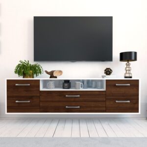 Lowboard - Aurora - Design Holzdekor - Wandmontage mit Griffe 180 cm Weiss - Front Eiche  Bestellnummer:1010301788