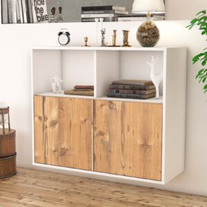 Sideboard - Camilla - Design Holzdekor - Wandmontiert mit Push to open  92 cm Weiss - Front Eiche  Bestellnummer:1020100445