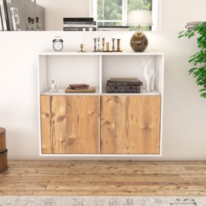 Sideboard - Camilla - Design Holzdekor - Wandmontiert mit Push to open  92 cm Weiss - Front Walnuss  Bestellnummer:1020100446