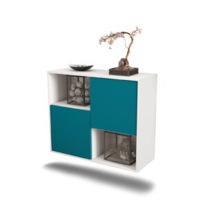 Sideboard - Caralina - Design Farbakzent - Wandmontiert mit Push to open  92 cm Weiss - Front T?rkis  Bestellnummer:1020100662