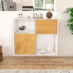 Sideboard - Carola - Design Holzdekor - Wandmontiert mit Push to open  92 cm Weiss - Front Treibholz  Bestellnummer:1020101265