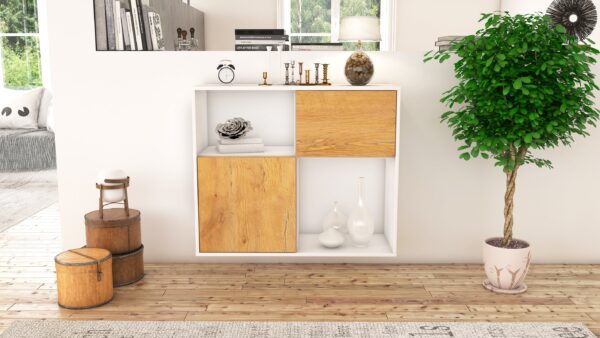 Sideboard - Carola - Design Holzdekor - Wandmontiert mit Push to open  92 cm Weiss - Front Treibholz  Bestellnummer:1020101265