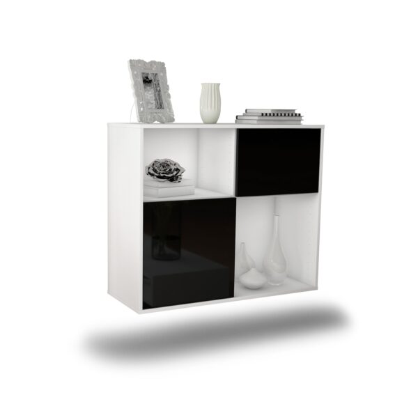 Sideboard - Carola - Design Hochglanz - Wandmontiert mit Push to open  92 cm Weiss - Front Schwarz  Bestellnummer:1020101267