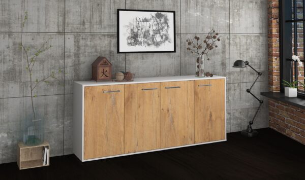 Sideboard - Elana - Design Holzdekor - Freistehend mit Griffe 180 cm Weiss - Front Pinie  Bestellnummer:1020300022