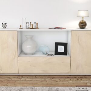 Sideboard - Ella - Design Holzdekor - Freistehend mit Push to Open 180 cm Weiss - Front Walnuss  Bestellnummer:1020300820