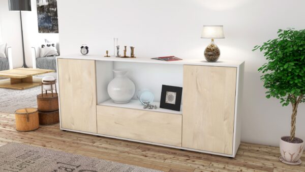 Sideboard - Ella - Design Holzdekor - Freistehend mit Push to Open 180 cm Weiss - Front Pinie  Bestellnummer:1020300821