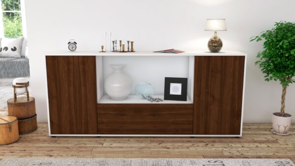 Sideboard - Ella - Design Holzdekor - Freistehend mit Push to Open 180 cm Weiss - Front Treibholz  Bestellnummer:1020300823