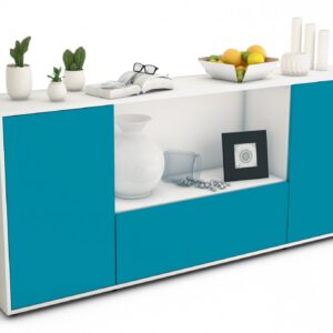 Sideboard - Ella - Design Farbakzent - Freistehend mit Push to Open 180 cm Weiss - Front T?rkis  Bestellnummer:1020300832