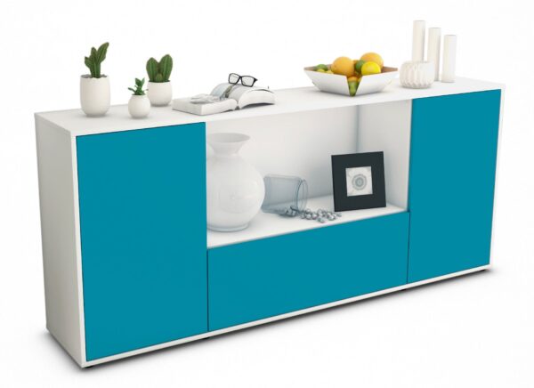 Sideboard - Ella - Design Farbakzent - Freistehend mit Push to Open 180 cm Weiss - Front T?rkis  Bestellnummer:1020300832