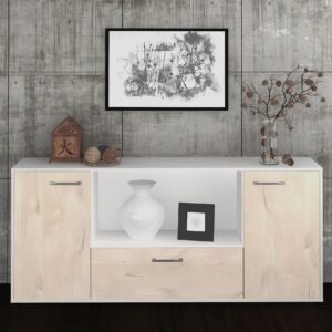 Sideboard - Ella - Design Holzdekor - Freistehend mit Griffe 180 cm Weiss - Front Walnuss  Bestellnummer:1020300837