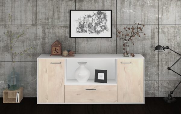 Sideboard - Ella - Design Holzdekor - Freistehend mit Griffe 180 cm Weiss - Front Walnuss  Bestellnummer:1020300837