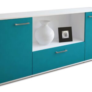 Sideboard - Ella - Design Farbakzent - Freistehend mit Griffe 180 cm Weiss - Front T?rkis  Bestellnummer:1020300849