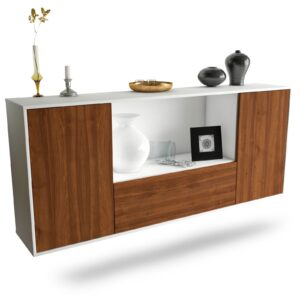 Sideboard - Ella - Design Holzdekor - Wandmontage mit Push to Open 180 cm Weiss - Front Eiche  Bestellnummer:1020300853