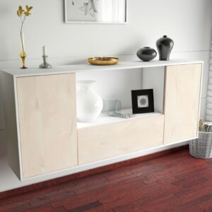 Sideboard - Ella - Design Holzdekor - Wandmontage mit Push to Open 180 cm Weiss - Front Pinie  Bestellnummer:1020300855