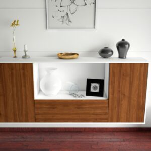 Sideboard - Ella - Design Holzdekor - Wandmontage mit Push to Open 180 cm Weiss - Front Treibholz  Bestellnummer:1020300857