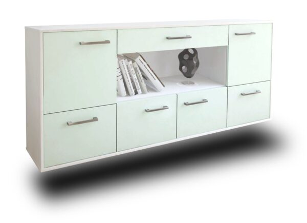 Sideboard - ELSA - Design Farbakzent - Wandmontage mit Griffe 180 cm Weiss - Front Mint  Bestellnummer:1020301084