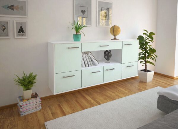 Sideboard - ELSA - Design Farbakzent - Wandmontage mit Griffe 180 cm Weiss - Front Lila  Bestellnummer:1020301086