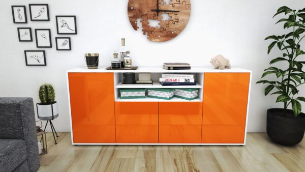 Sideboard - Elsita - Design Hochglanz - Freistehend mit Push to Open 180 cm Weiss - Front Grau  Bestellnummer:1020301236