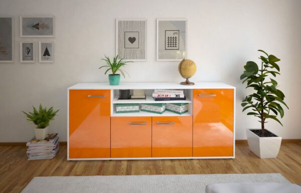 Sideboard - Elsita - Design Hochglanz - Freistehend mit Griffe 180 cm Weiss - Front Grau  Bestellnummer:1020301253